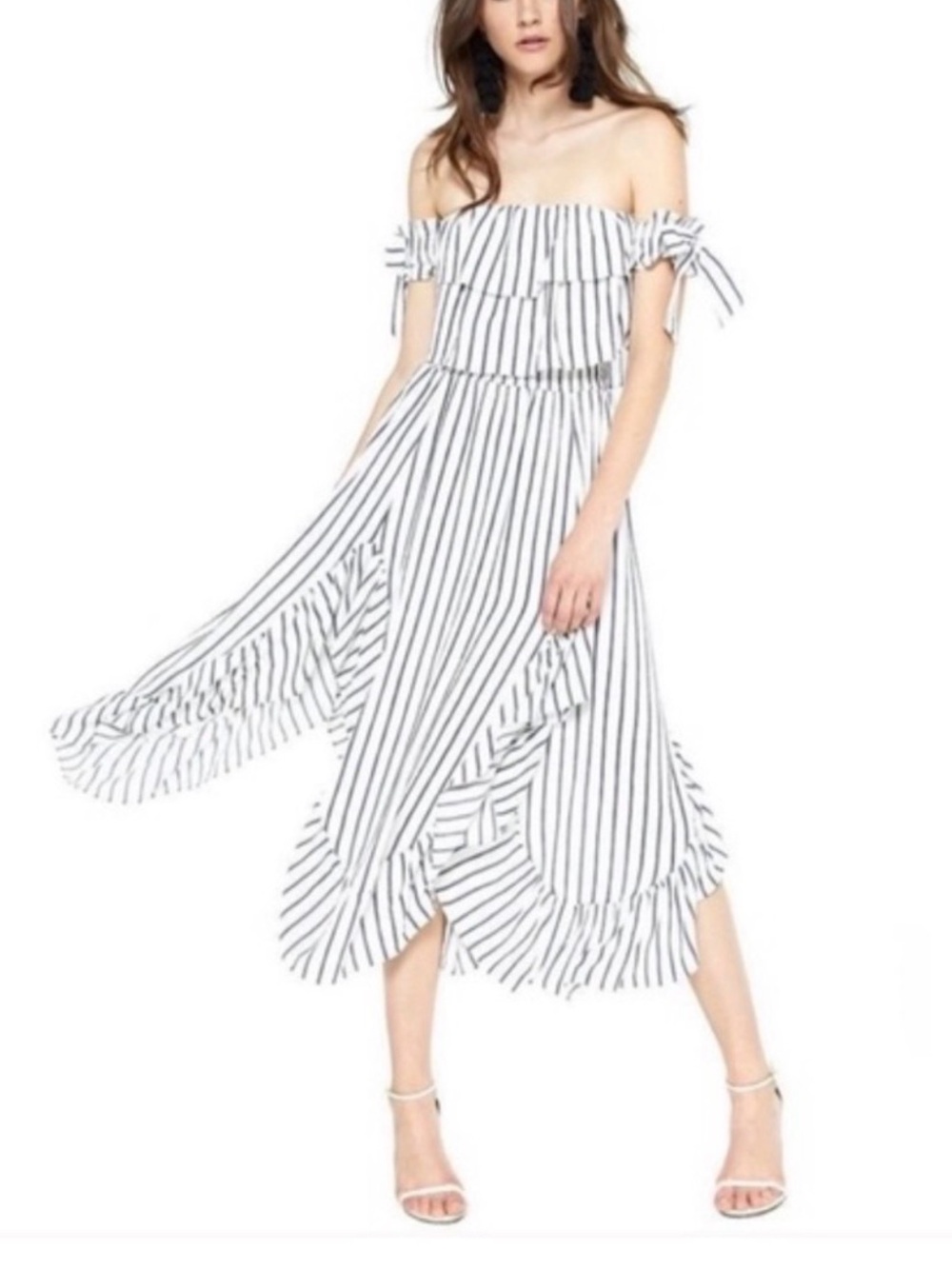 MISA LOS ANGELES ROSA STRIPED OFF SHOULDER RUFFLE MIDI DRESS SIZE M